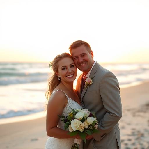 Fotografia de um casamento na praia, com os noivos sorrindo ao pôr do sol