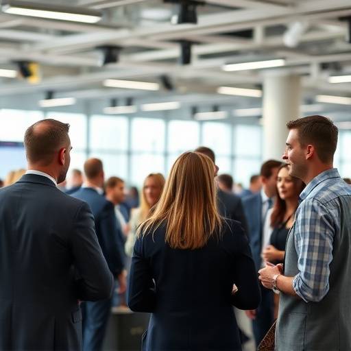 Fotografia de um evento corporativo, com pessoas interagindo em um ambiente profissional