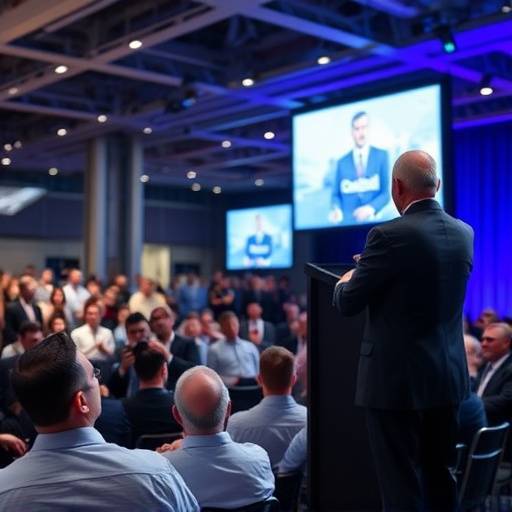 Fotografia de um evento corporativo com um palestrante no palco e o público assistindo atentamente