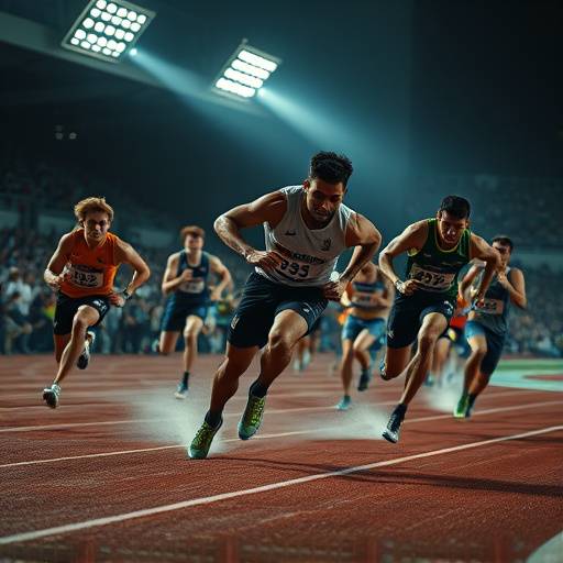 Fotografia de um evento esportivo, com atletas competindo em uma corrida, capturando a ação e a emoção do momento
