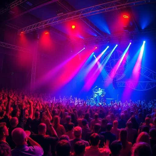 Fotografia de um evento musical, com um show de rock em um palco com luzes coloridas e a plateia vibrando
