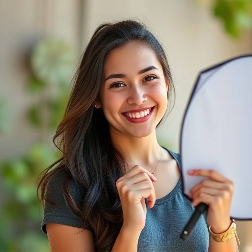 Retrato de Ana Rodrigues, uma jovem assistente de fotografia sorrindo e segurando um refletor de luz.