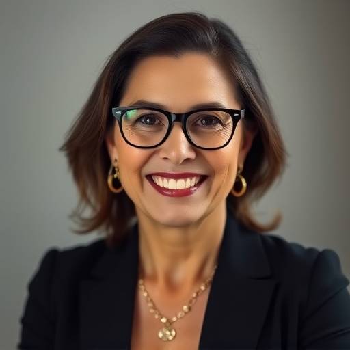 Retrato de Maria Oliveira, fundadora do estúdio, uma senhora elegante e sorridente com óculos.